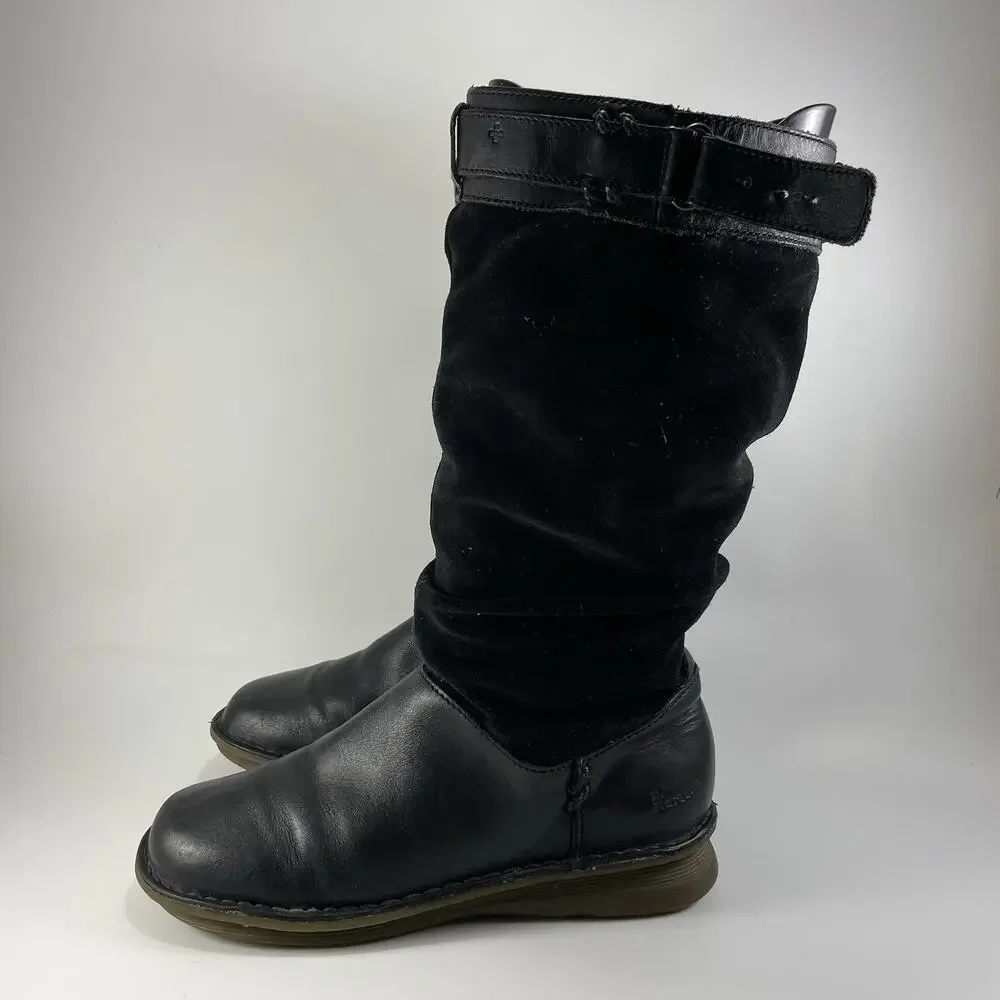 Dr Martens 11415 Buckle Mid Calf Tall Boots Womens Size 9 Black Leather Suede